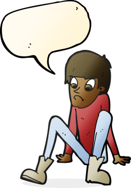 Bir insan tarafından çizilmiş konuşma baloncuğuyla yerde oturan çizgi film çocuğu.