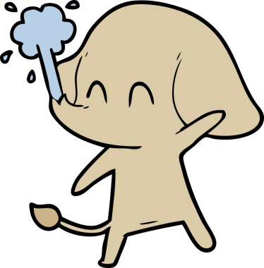 Bir insan tarafından çizilmiş su püskürten sevimli bir fil.