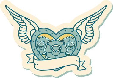 Geleneksel bir dövme stili. Uçan kalp. Çiçekler ve bir insan tarafından çizilmiş bayrak.