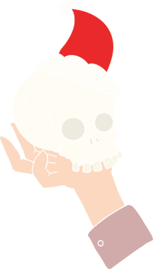 Bir insan tarafından çizilmiş Noel Baba şapkası takan bir elin düz renkli çizimi.