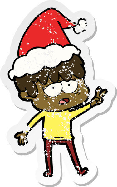 Bir insan tarafından çizilmiş Noel Baba şapkası giymiş yorgun bir çocuğun el çizimi karikatürü.