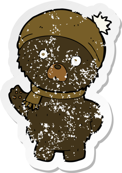 Bir insan tarafından çizilmiş, eskimiş şapka ve eşarplı şirin siyah ayı çizgi filminin gerilimli çıkartması.