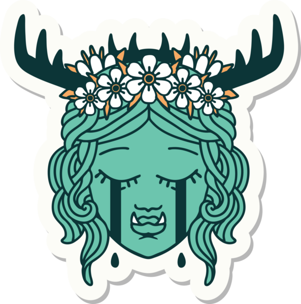 Bir insan tarafından çizilmiş üzgün, yarı ork bir Druid karakterinin çıkartması.