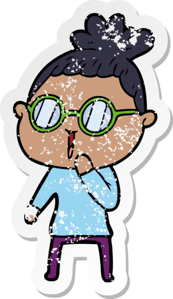 Bir insan tarafından çizilmiş gözlük takan karikatürlü bir kadının sıkıntılı çıkartması.