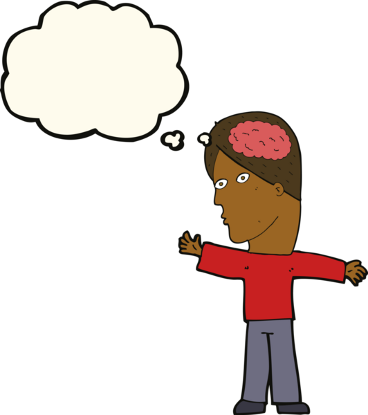 Düşünce baloncuğu insan tarafından çizilmiş beyni olan çizgi film adamı.