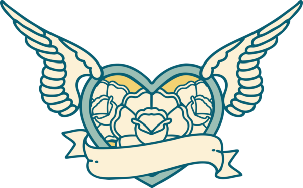 Bir insan tarafından çizilmiş çiçek ve bayrak ile uçan bir kalbin ikonik dövme görüntüsü