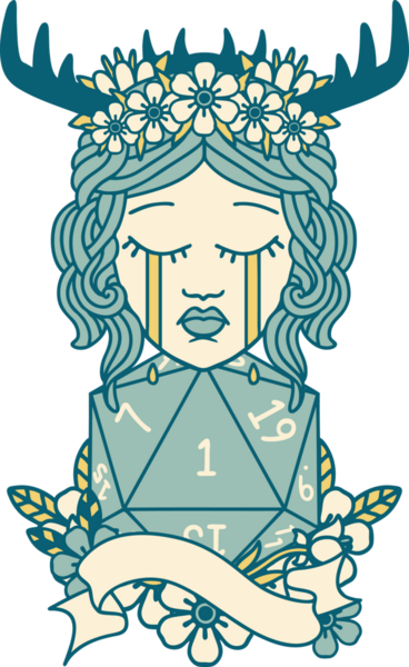 Retro Dövme Tarzı Ağlayan İnsan Druid Bir insan tarafından çizilmiş D20 doğal bir rulo