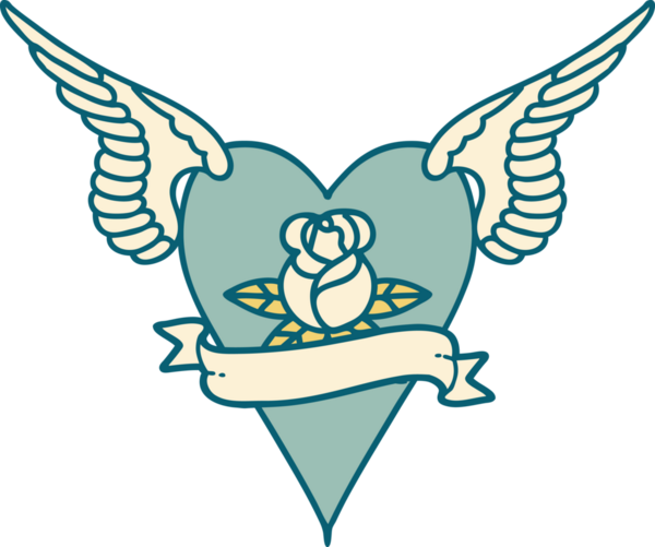 Bir insan tarafından çizilmiş çiçek ve bayrak ile uçan bir kalbin ikonik dövme görüntüsü