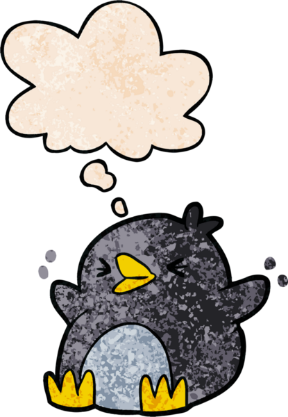 Bir insan tarafından çizilmiş grunge desenli düşünce baloncuklu penguen çizgi filmi.