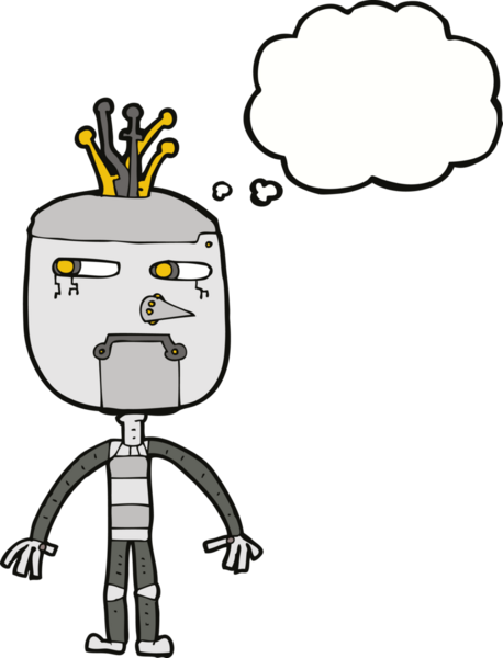 Bir insan tarafından çizilmiş düşünce baloncuklu komik robot.