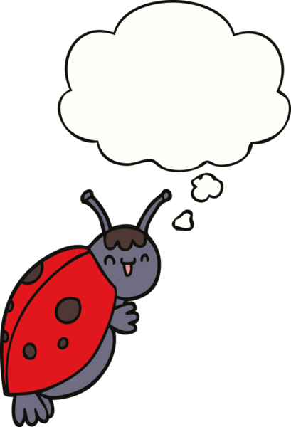 Bir insan tarafından çizilmiş düşünce balonlu sevimli uğur böceği çizgi filmi.