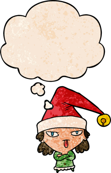 Düşünce baloncuklu noel şapkası takan çizgi film kızı bir insan tarafından çizilmiş.