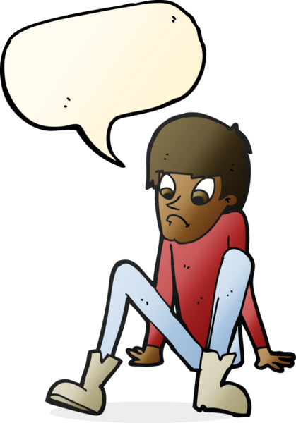 Bir insan tarafından çizilmiş konuşma baloncuğuyla yerde oturan çizgi film çocuğu.