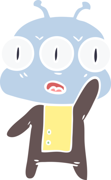 Düz renkli karikatür. Bir insan tarafından çizilmiş üç gözlü uzaylı.