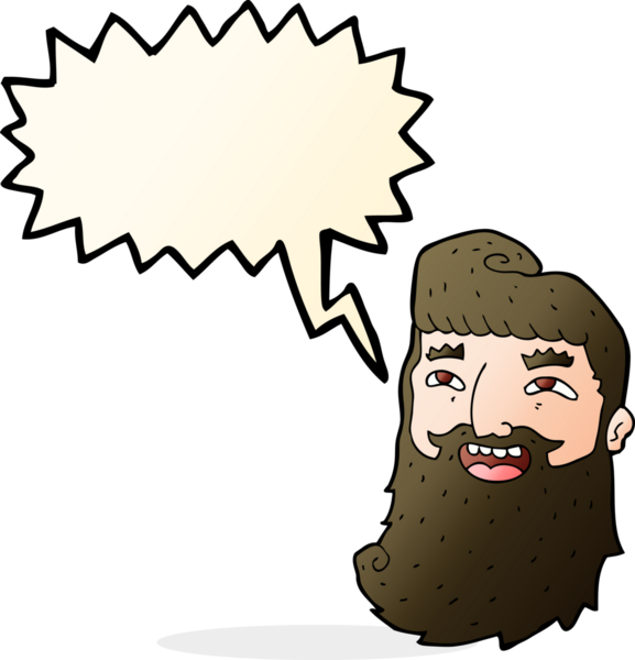 Bir insan tarafından çizilmiş konuşma baloncuğu olan gülen sakallı bir adam.