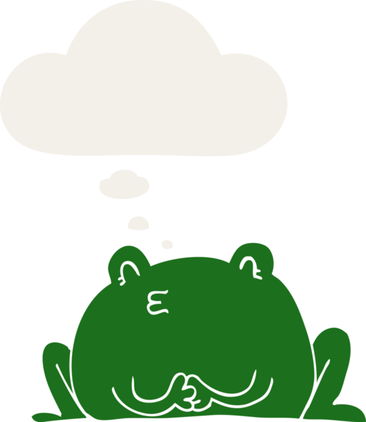 Düşünce baloncuğu insan tarafından çizilmiş sevimli çizgi film kurbağası.