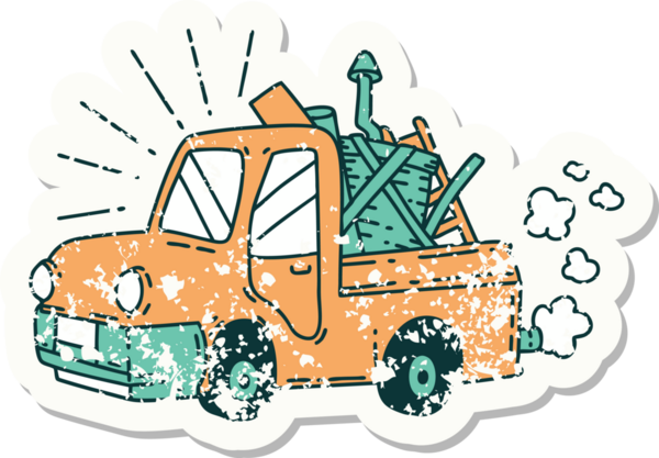 Bir insan tarafından çizilmiş döküntüleri taşıyan dövme stili bir kamyonun eski çıkartması.