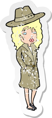 Bir insan tarafından çizilmiş mantıklı bir şapka giyen bir karikatür kadının gerilimli retro çıkartması.