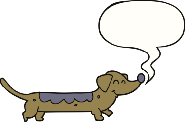 Bir insan tarafından çizilmiş konuşma balonu olan çizgi film köpeği.