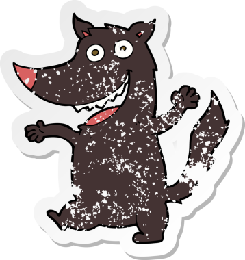 Bir insan tarafından çizilmiş mutlu kurt çizgi filminin kederli retro yapıştırması.