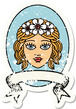 Bir insan tarafından çizilmiş çiçekli bir bakirenin bayrağını taşıyan eski bir etiket.