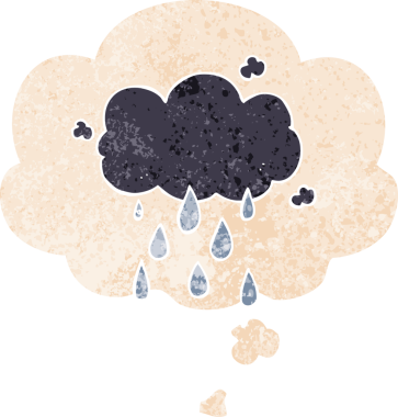 Düşünce baloncuğuyla yağmur yağıyor grunge 'da sıkıntılı eski moda bir insan tarafından çizilmiş.