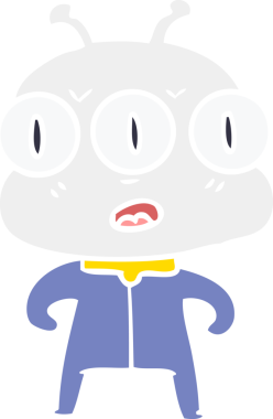 Düz renkli karikatür. Bir insan tarafından çizilmiş üç gözlü uzaylı.