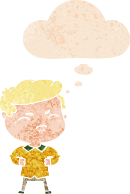 Bir insan tarafından çizilmiş grunge sıkıntılı retro stili düşünce baloncuğu ile rahatsız adam çizgi film