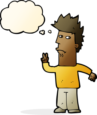 Bir insan tarafından çizilmiş düşünce baloncuğuyla barış işareti yapan çizgi film adamı.