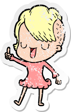 Hipster saç kesimi bir insan tarafından çizilmiş tatlı bir çizgi film kızına ait sıkıntılı bir etiket.