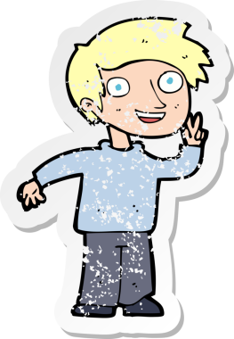 Bir insan tarafından çizilen fotoğraf için poz veren bir çizgi film çocuğunun gerilimli retro yapıştırması.