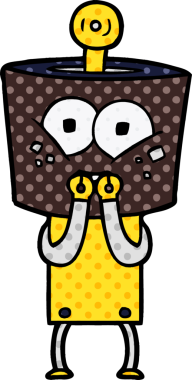 Mutlu çizgi film robotu bir insan tarafından gergin bir şekilde çizilmiş.