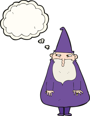 Bir insan tarafından çizilmiş düşünce baloncuğu olan çizgi film sihirbazı