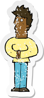 Bir insan tarafından çizilmiş, gerilmiş, karikatürlü bir adamın gerilmiş retro yapıştırması.