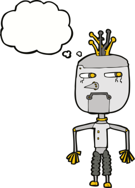 Bir insan tarafından çizilmiş düşünce baloncuklu çizgi film robotu