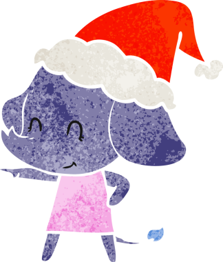 Bir insan tarafından çizilmiş Noel Baba şapkası takan bir fil çizilmiş.