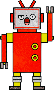 Bir insan tarafından çizilmiş kızgın bir robotun retro grunge desen karikatürü