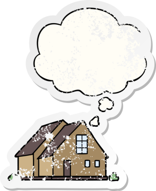 Düşünce baloncuğu olan karikatür evi insan tarafından çizilmiş yıpranmış bir çıkartma gibi.