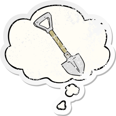 Düşünce baloncuklu çizgi film küreği insan tarafından çizilmiş yıpranmış bir çıkartma gibi.