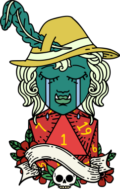 Retro Dövme Tarzı Ağlayan Ork Ozan Karakteri Bir insan tarafından çizilmiş doğal bir D20 rulo