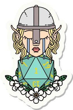 Hüzünlü bir elf savaşçı karakterinin çıkartması. Bir insan tarafından çizilmiş doğal bir d20 rulo.