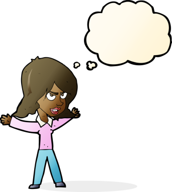 Bir insan tarafından çizilmiş düşünce balonuyla hareket eden karikatür kadın.