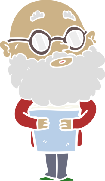 Düz renkli çizgi film meraklısı sakallı ve gözlüklü bir insan tarafından çizilmiş.