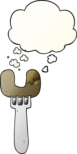 Bir insan tarafından çizilmiş, düşünce kabarcığıyla çatal üzerinde çizgi film sosisi.