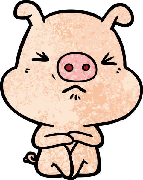 Bir insan tarafından çizilmiş kızgın bir domuz oturmuş bekliyor.