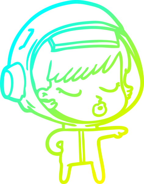 Bir çizgi film karakteri çizen soğuk gradyan güzel astronot kız bir insanın çizdiği yolu gösteriyor.