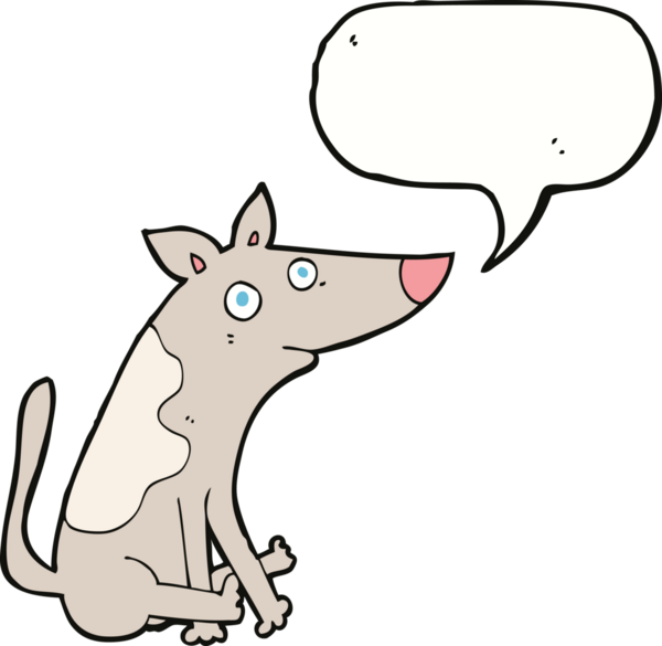 Bir insan tarafından çizilmiş konuşma balonu olan çizgi film köpeği.