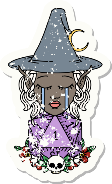 Retro Dövme Tarzı Ağlayan Elf Cadı Doğal bir D20 rulo ile Bir insan tarafından çizilmiş