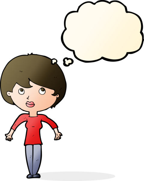 Bir insan tarafından çizilmiş düşünce baloncuğuyla omuz silken çizgi film kadını.