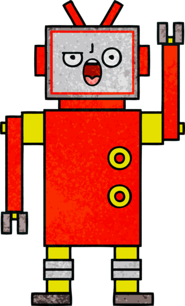 Bir insan tarafından çizilmiş kızgın bir robotun retro grunge desen karikatürü